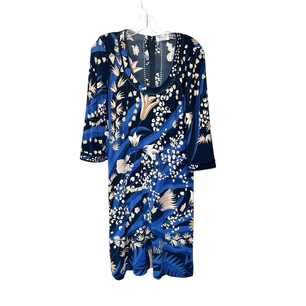 Vintage Averardo Bessi Blue Tan Floral Work Career Stretch Sheath Dress Size‎ 8